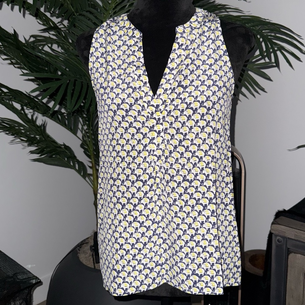Joie Navy and Yellow Abstract Print Silk Top Small
